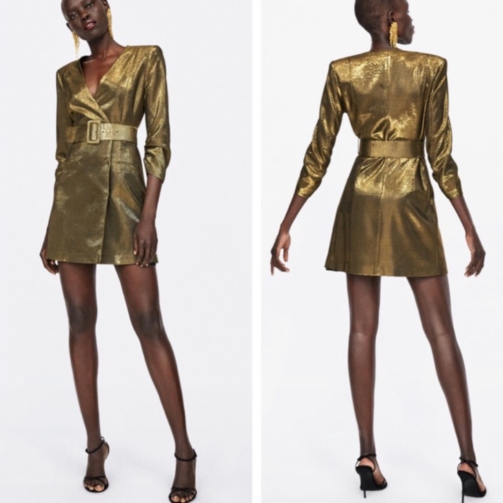 ZARA Belted Gold Sequin Blazer Dress Rare